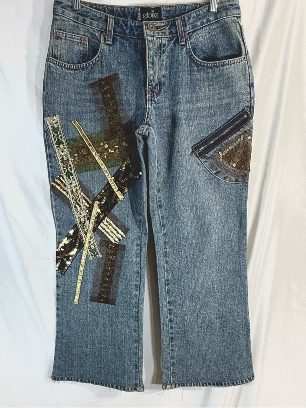 Etoile Rare One Of A Kind Straight Leg Mid Rise Embellished Jeans With Patches